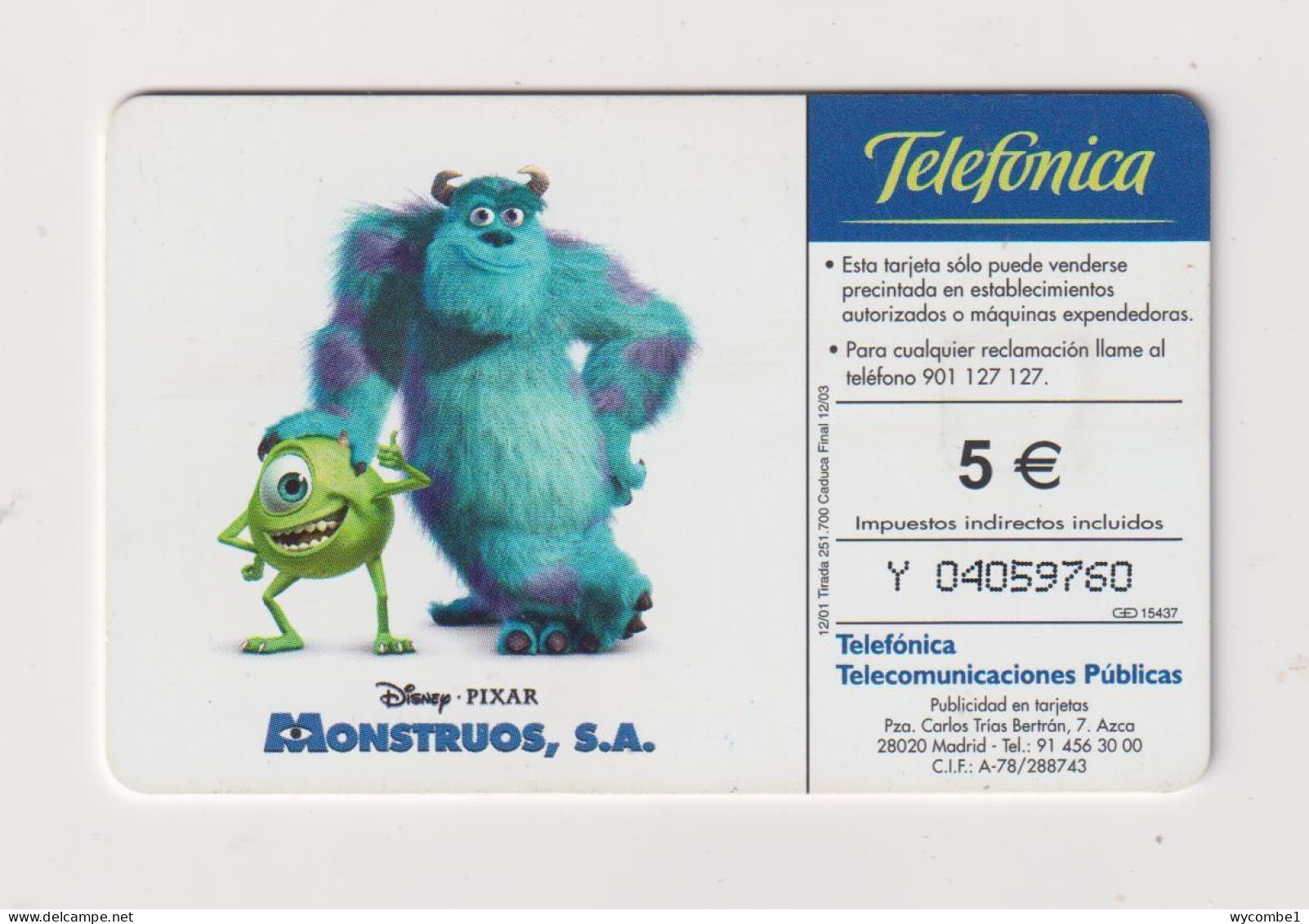 SPAIN - Disney Pixar Chip Phonecard - Commémoratives Publicitaires