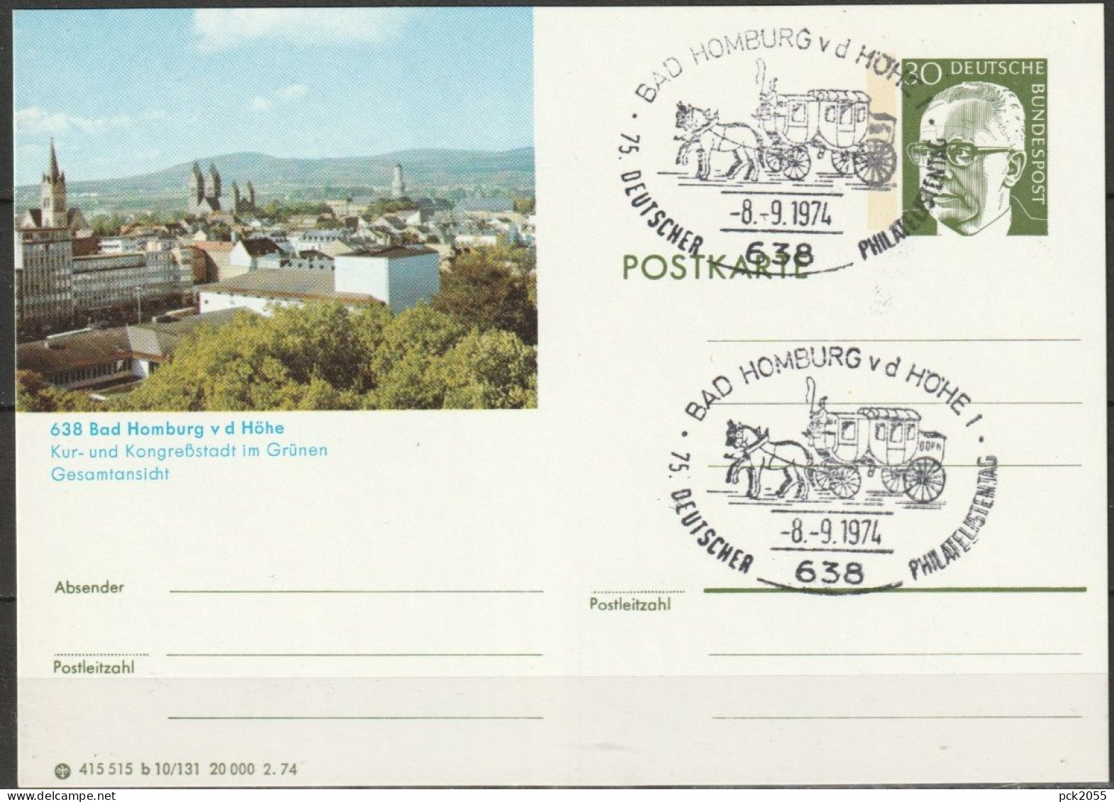 BRD Ganzsache 1974 MiNr.P112 B10/131 Bad Homburg V. D. Höhe Gesamtansicht Sonderstempel 8.9.74 ( PK 509) - Bildpostkarten - Gebraucht