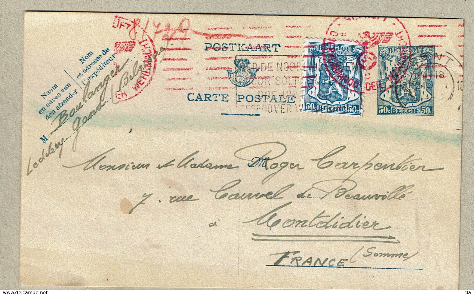 CP  Type 426 + 426  De Gand Vers La France  Voir Censures Allemandes - 1935-1949 Small Seal Of The State