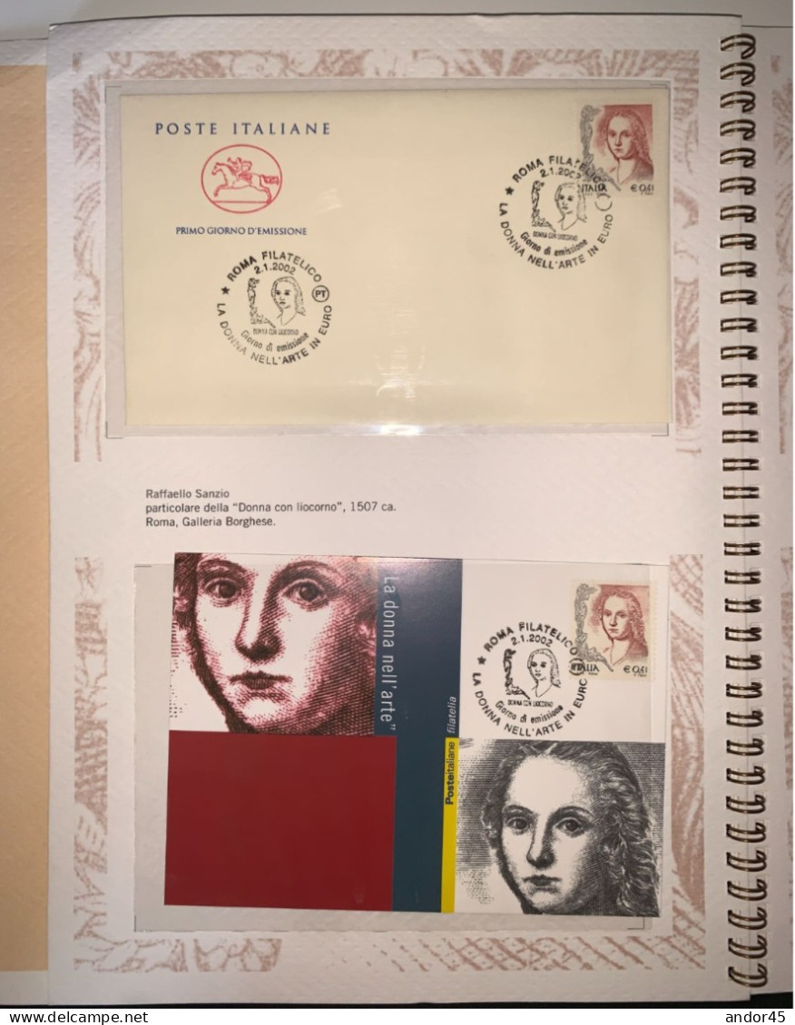 FOLDER  AD ANELLI "LA DONNA NELL'ARTE" CON ALL'INTERNO DIESCI BUSTE FDC DI DIVERSI VALORI + UNDICI CARTOLINE CON DIVERSI - Folder