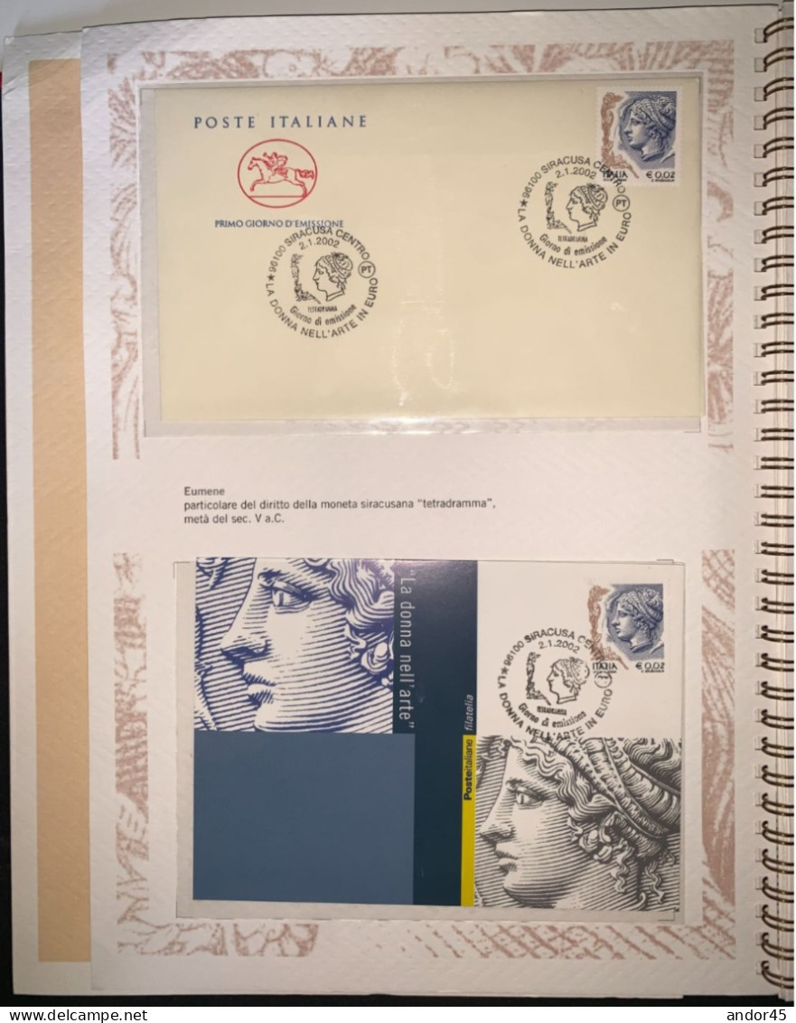 FOLDER  AD ANELLI "LA DONNA NELL'ARTE" CON ALL'INTERNO DIESCI BUSTE FDC DI DIVERSI VALORI + UNDICI CARTOLINE CON DIVERSI