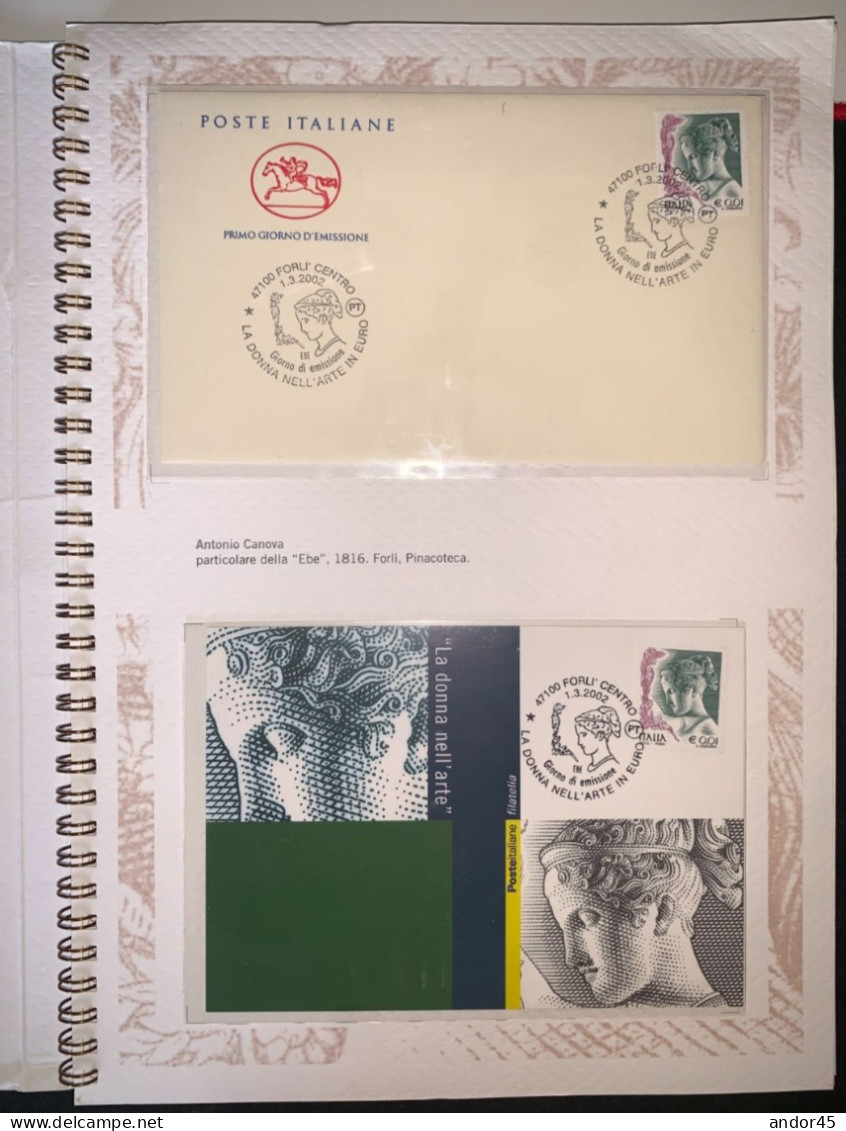 FOLDER  AD ANELLI "LA DONNA NELL'ARTE" CON ALL'INTERNO DIESCI BUSTE FDC DI DIVERSI VALORI + UNDICI CARTOLINE CON DIVERSI