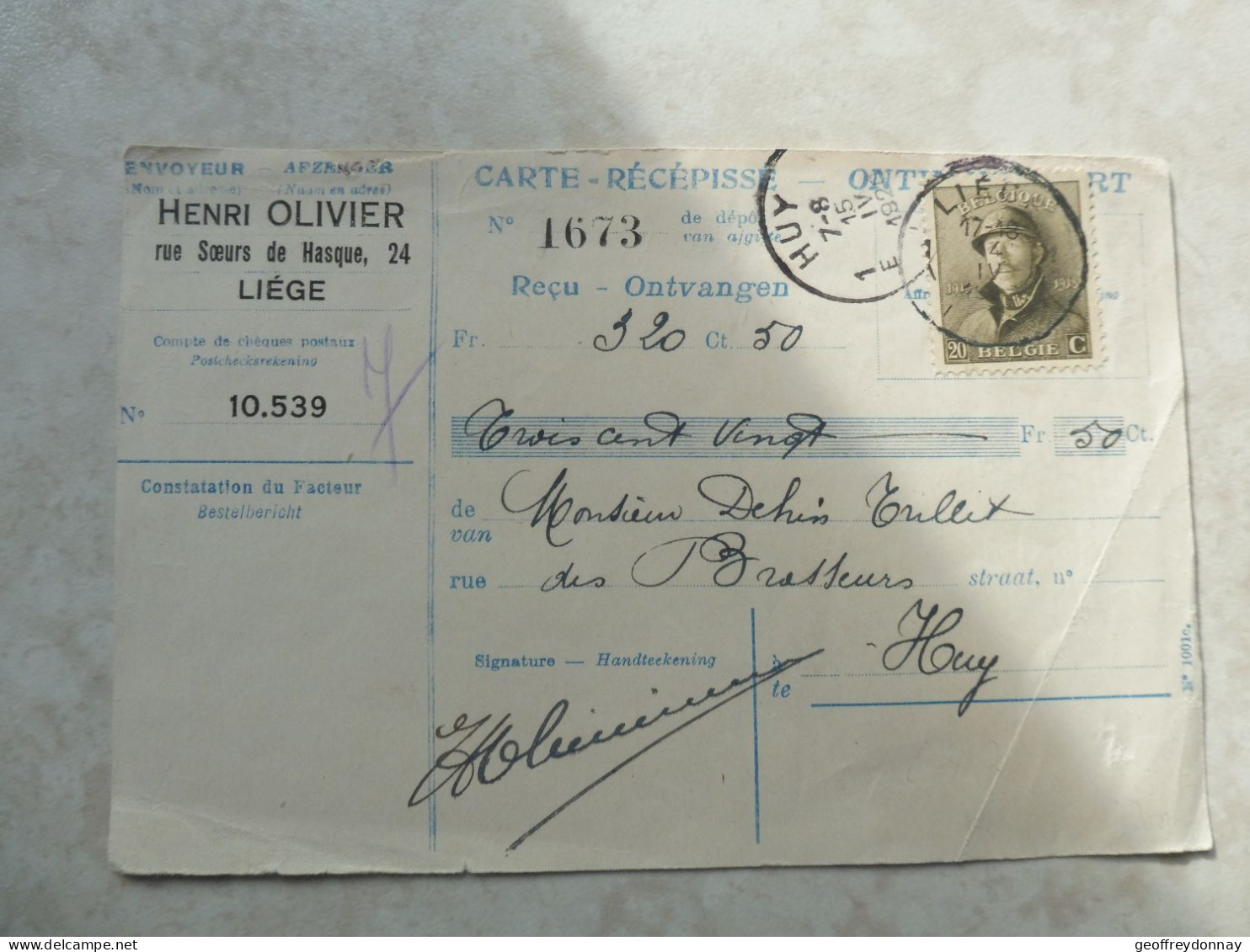 Belgique Belgie  Gestempelt Oblitéré Huy  Liege 1920 Albert 1 - 1919-1920 Roi Casqué