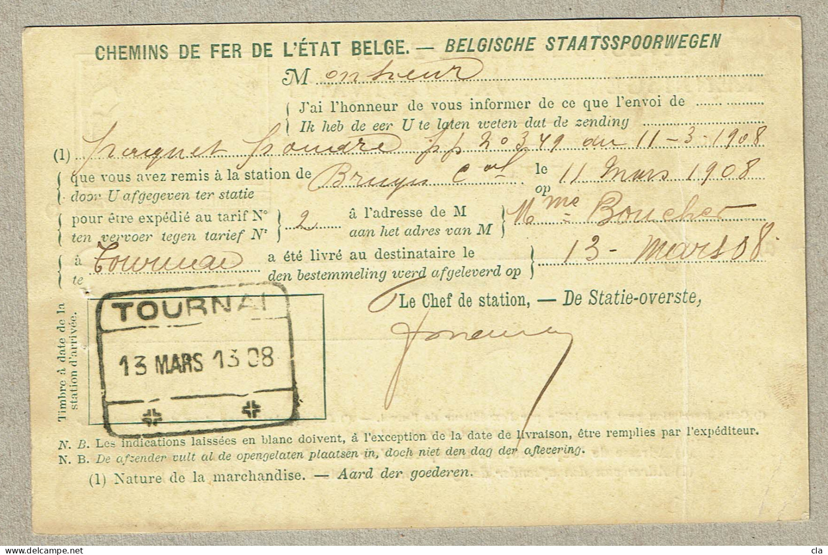 Avis De Réception Des Chemins De Fer 1897 10 Ct  Mars 1908 Vert Sur Jaune De Tournai Vers Bruges  Pli! - Documents & Fragments