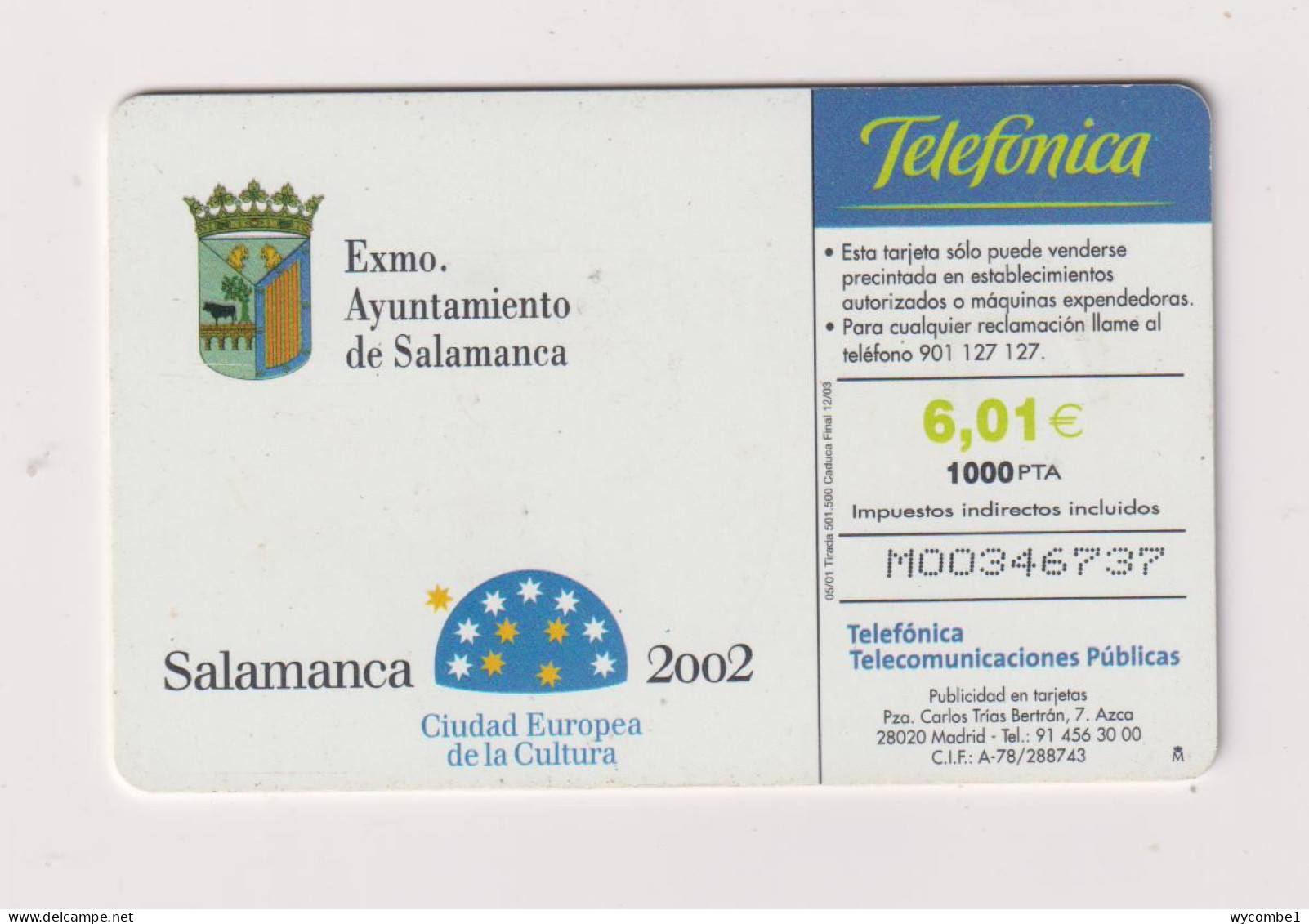 SPAIN - Salamanca 2002 Chip Phonecard - Werbekarten