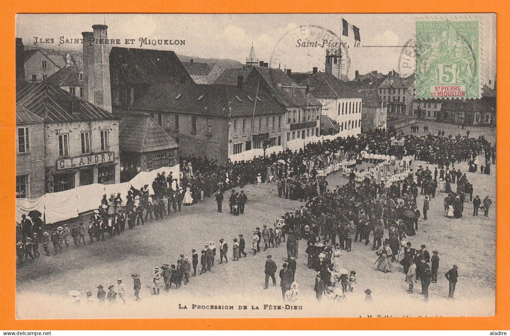 1907 - Timbre à 5 Centimes Groupe Sage Sur Carte Postale La Procession De La Fête Dieu - SPM - Saint-Pierre-et-Miquelon