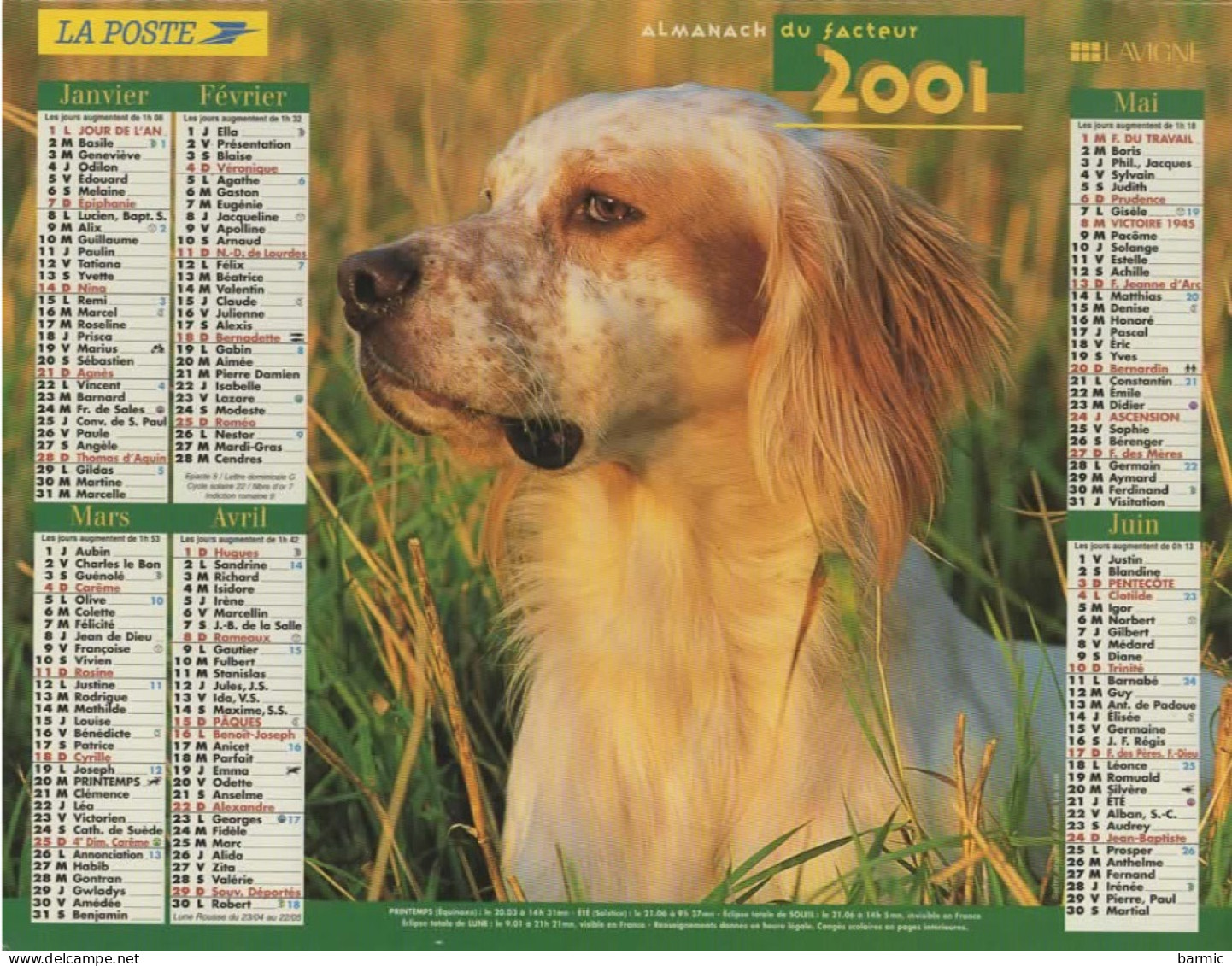 CALENDRIER ANNEE 2001, COMPLET, EPAGNEUL BRETON, COOKER COULEUR  REF 14385 - Big : 2001-...