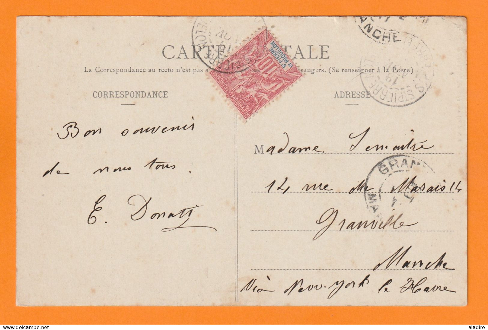 1910 - SPM - Timbre à 10 Centimes Groupe Sage Sur CP Vers Granville, Manche, Via New York Et Le Havre - Cartas & Documentos