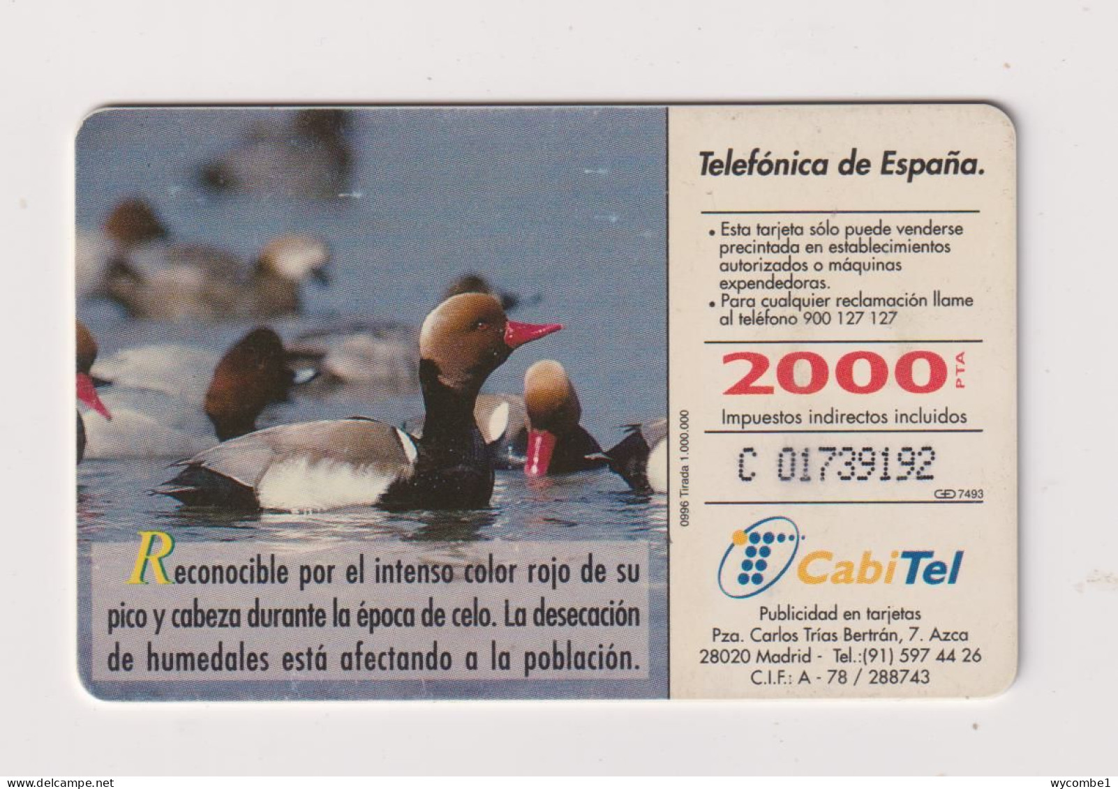 SPAIN - Red Crested Pochard Chip Phonecard - Conmemorativas Y Publicitarias