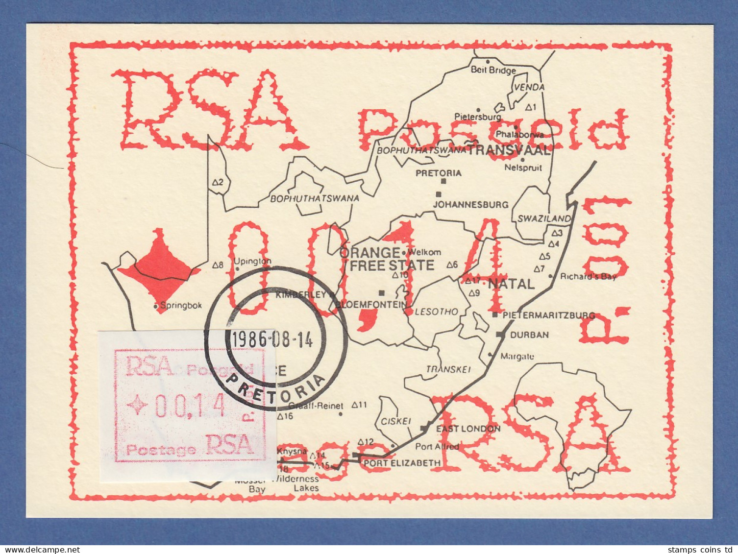 RSA Südafrika FRAMA-ATM  P.001 Aus OA Wert 00,14 Auf Maximumkarte Mit VS-Stempel - Affrancature Meccaniche/Frama