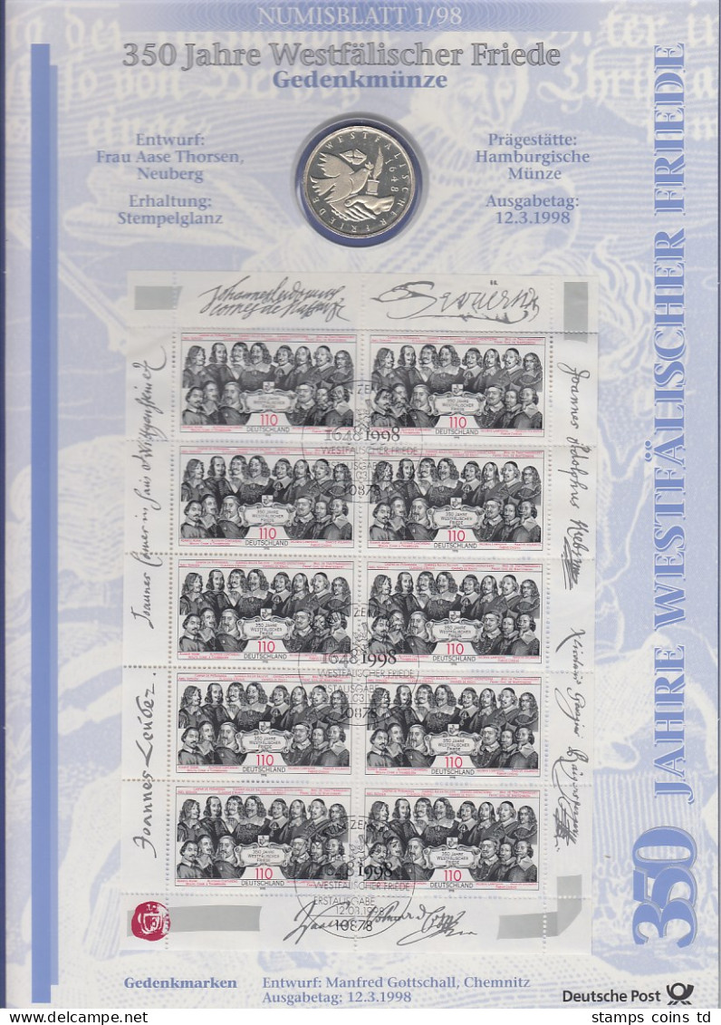 Bundesrepublik Numisblatt 1/1998 Westfälischer Friede Mit 10-DM-Silbermünze - Collections