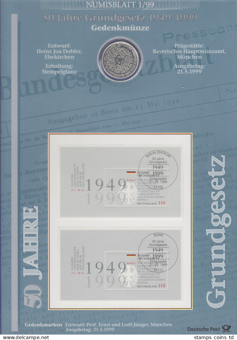 Bundesrepublik Numisblatt 1/1999 50 Jahre Grundgesetz Mit 10-DM-Silbermünze - Sammlungen
