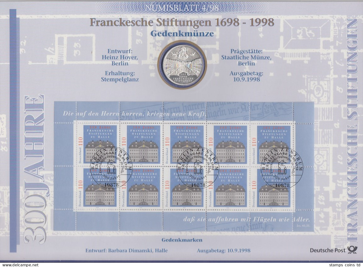Bundesrepublik Numisblatt 4/1998 Francksche Stiftungen Mit 10-DM-Silbermünze - Collections