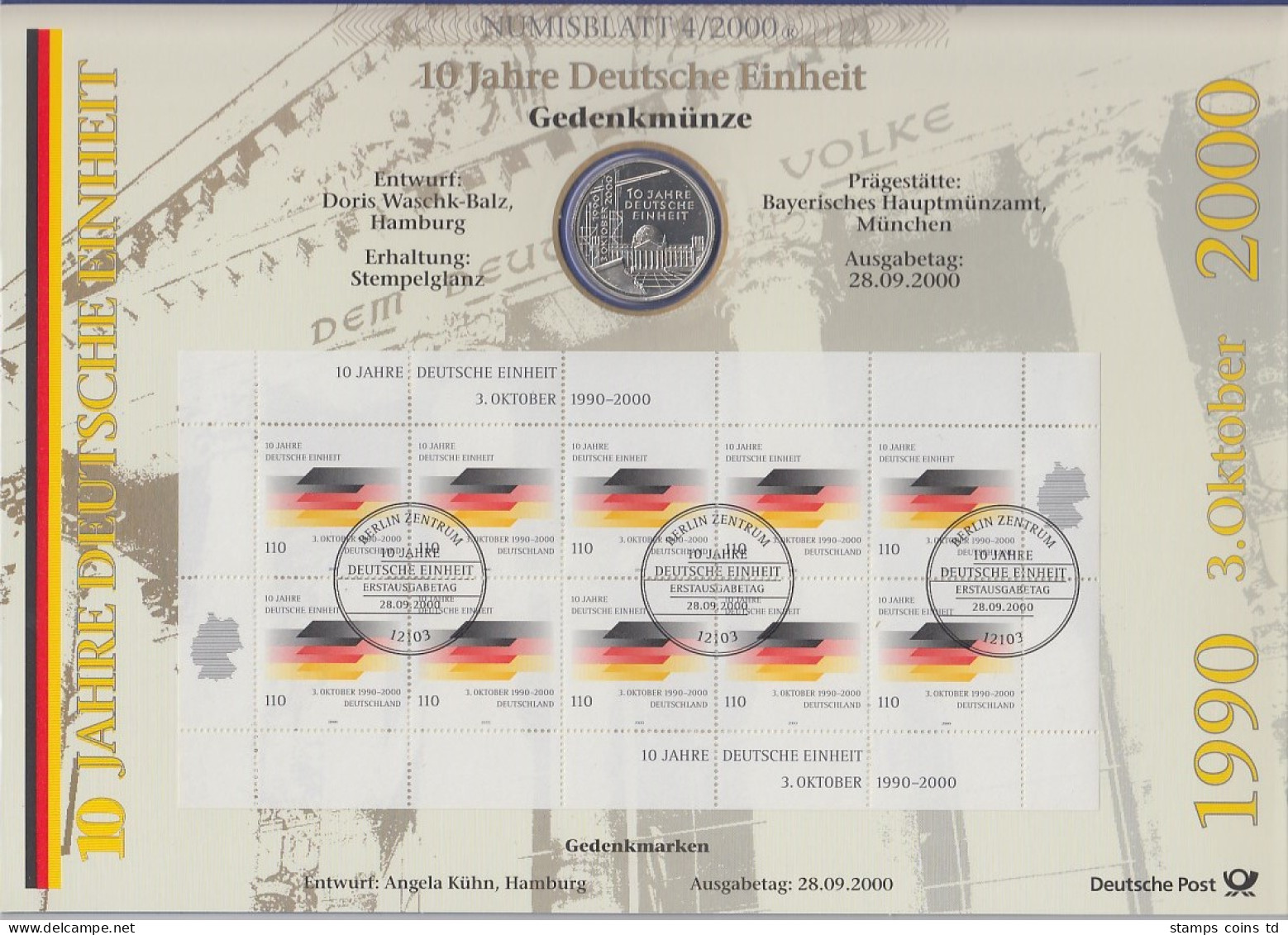 Bundesrepublik Numisblatt 4/2000 10 Jahre Deutsche Einheit Mit 10-DM-Silbermünze - Verzamelingen