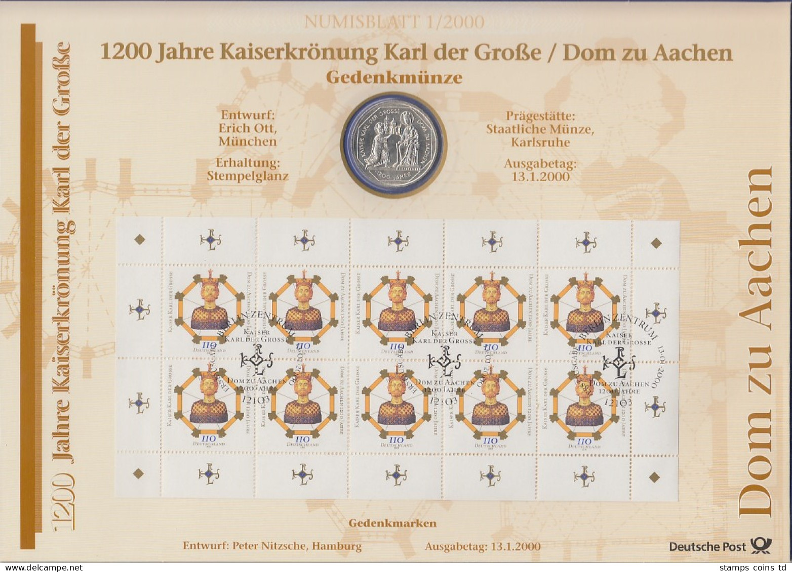 Bundesrepublik Numisblatt 1/2000 Karl Der Große Dom Aachen Mit 10-DM-Silbermünze - Collections