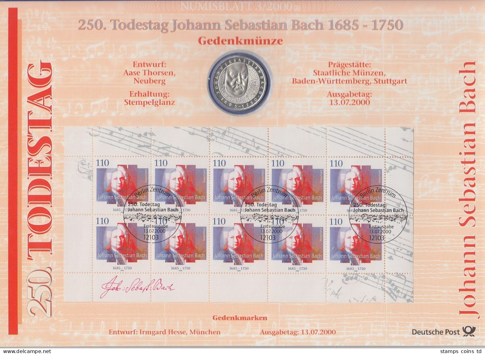 Bundesrepublik Numisblatt 3/2000 Johann Sebastian Bach Mit 10-DM-Silbermünze - Verzamelingen