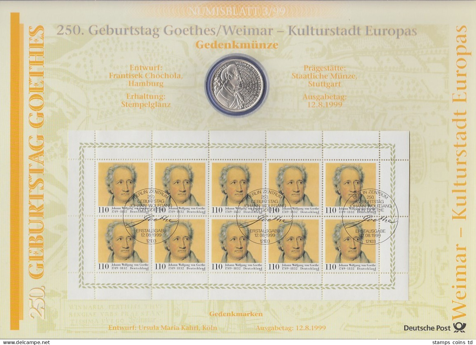 Bundesrepublik Numisblatt 3/1999 Johann Wolfgang V. Goethe Mit 10-DM-Silbermünze - Collezioni