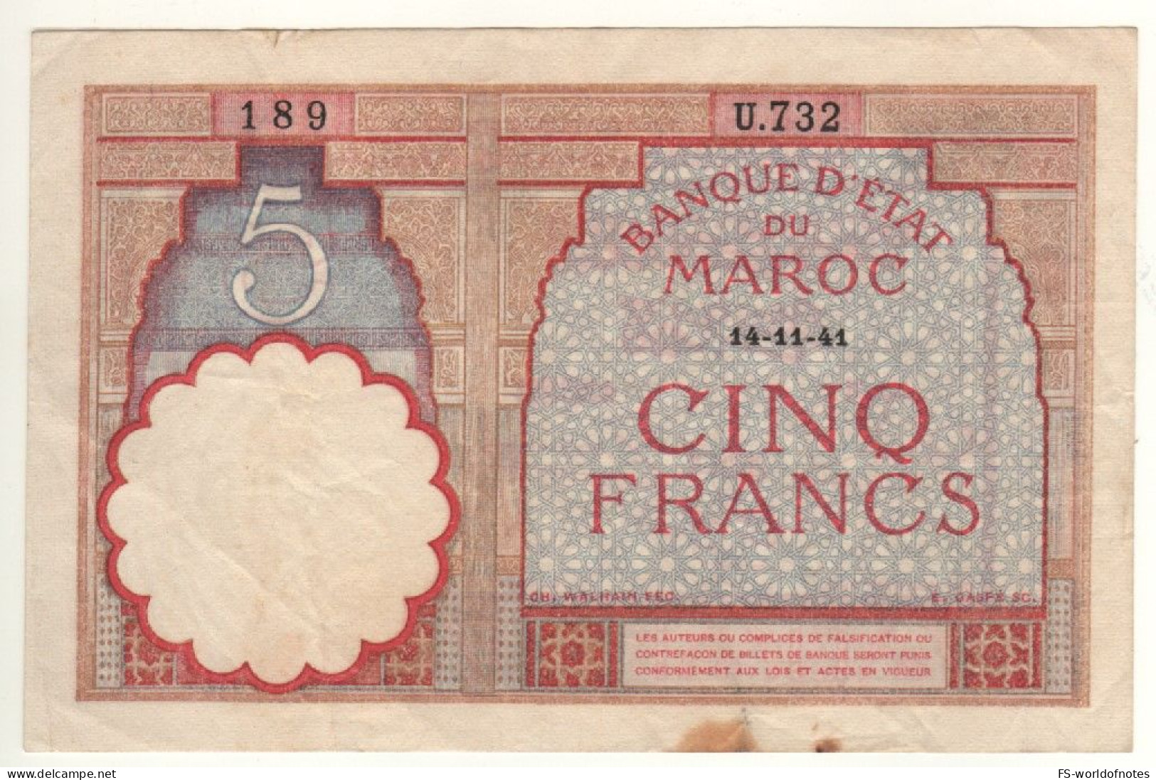 MOROCCO  5 Francs  P23Ab  Dated  14-11-41 - Maroc