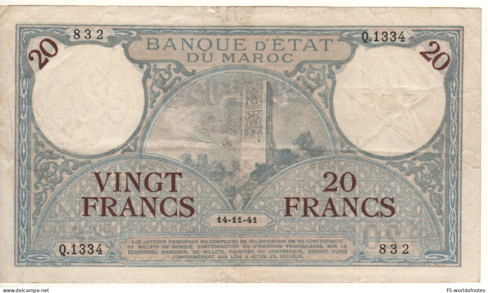 MOROCCO  20 Francs  P18b  Dated  14-11-41  ( Hassan Tower, Rabat ) - Morocco