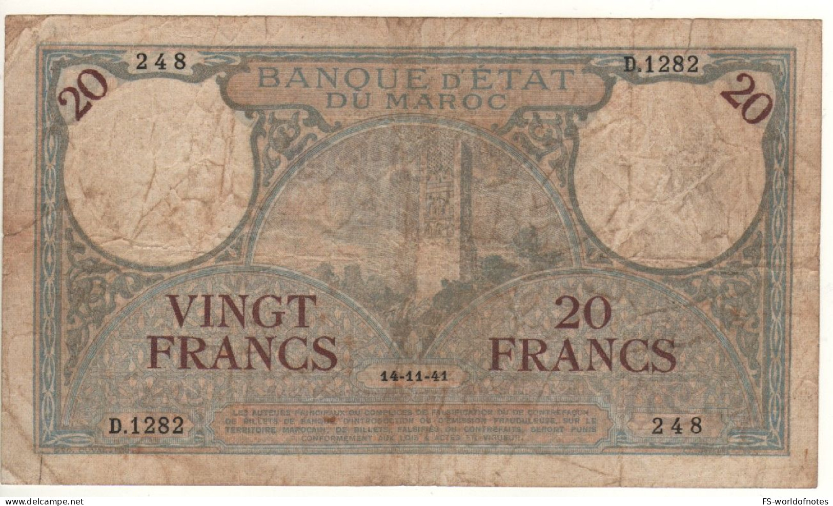 MOROCCO  20 Francs  P18b  Dated  14-11-41  ( Hassan Tower, Rabat ) - Morocco