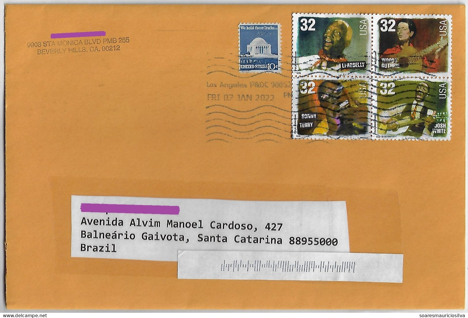 USA United States 2022 Cover From Los Angeles To Brazil Folk Musician American Music Musical Instrument Sorting Mark - Storia Postale