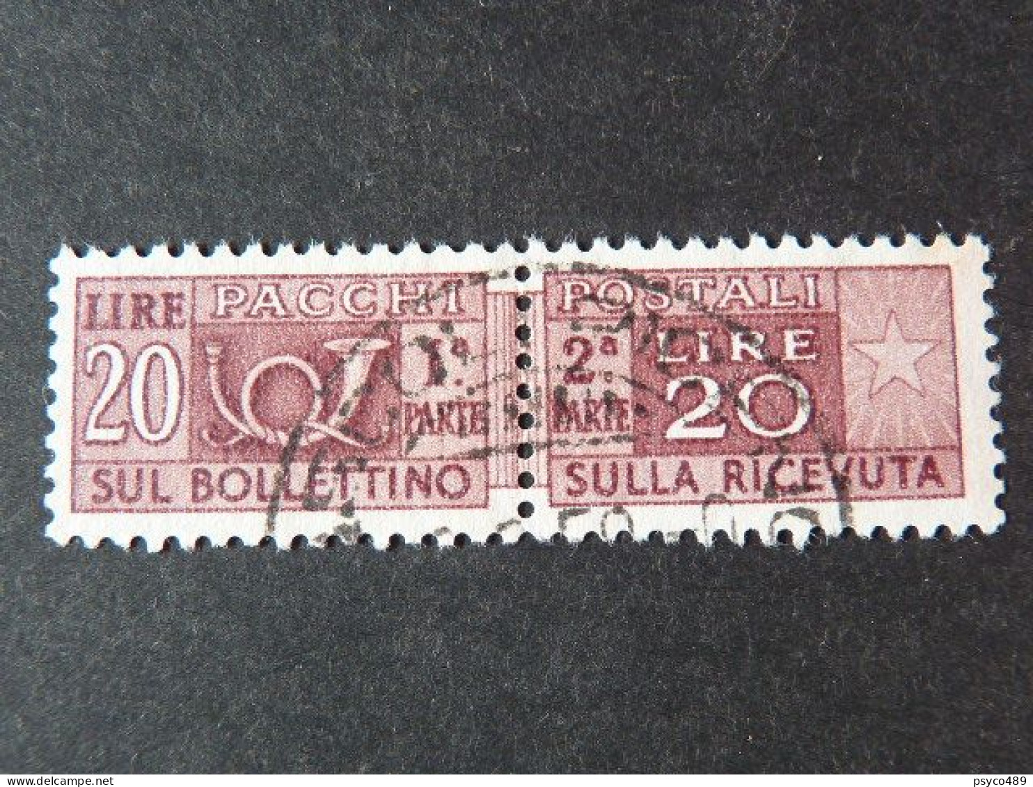 ITALIA Repubblica Pacchi -1955- "Corno Cifra" £. 20 Varietà Filigrana USº (descrizione) - Pacchi Postali