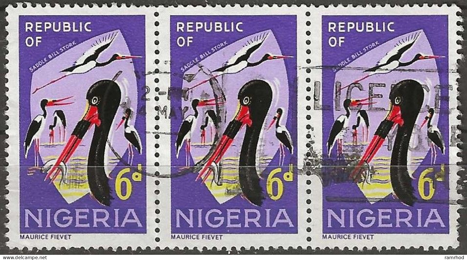 NIGERIA 1965 Saddle-bill Stork - 6d. - Multicoloured FU STRIP OF 3 - Nigeria (1961-...)