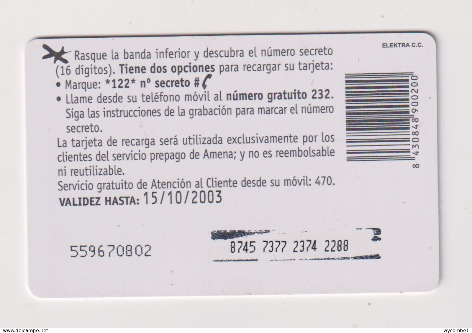 SPAIN - Amena Remote Phonecard - Commemorative Advertisment