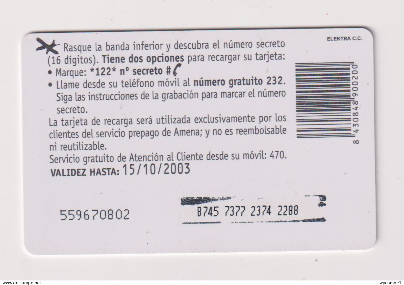 SPAIN - Amena Remote Phonecard - Conmemorativas Y Publicitarias