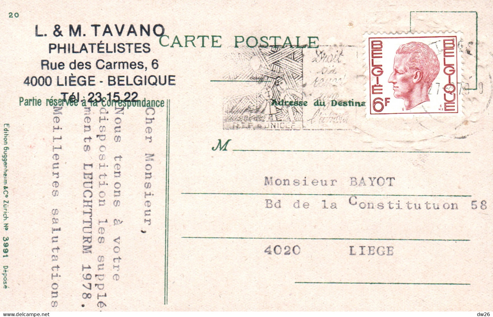 Représentation De Timbres - Belgique (Belgie) Carte Gaufrée De 1939, Circulée En 1978 - Briefmarken (Abbildungen)
