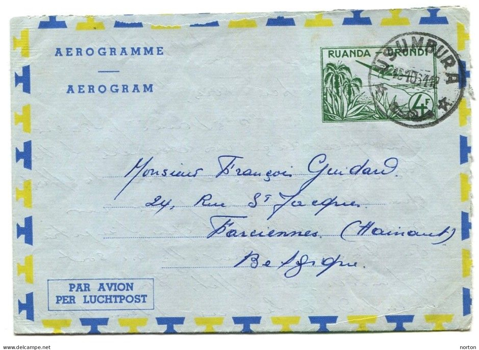 Ruanda-Urundi Usumbura Oblit. Keach 8A6 Sur Aérogramme Vers Farciennes Le 15/10/1961 - Storia Postale