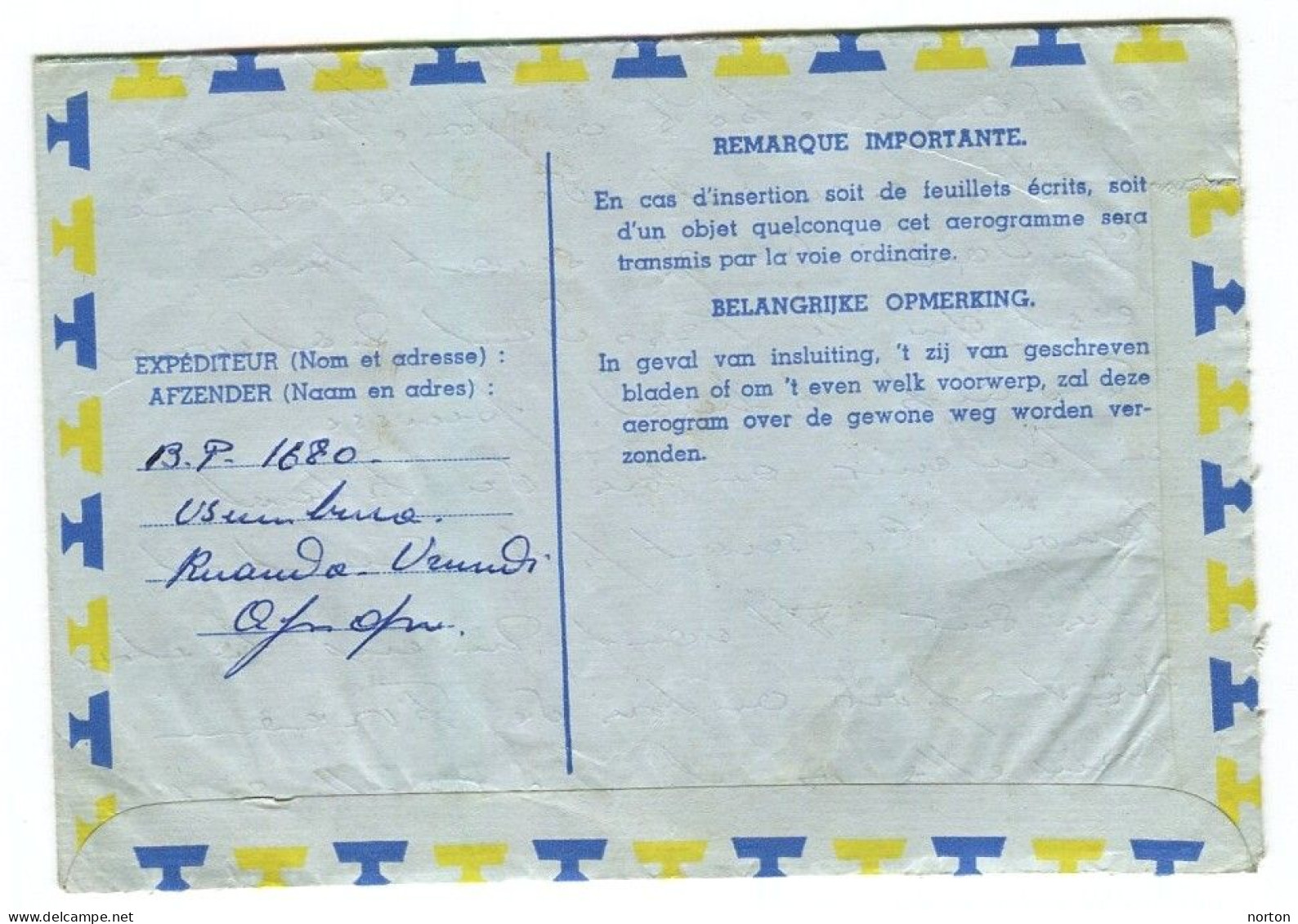 Ruanda-Urundi Usumbura Oblit. Keach 8A6 Sur Aérogramme Vers Farciennes Le 15/10/1961 - Covers & Documents