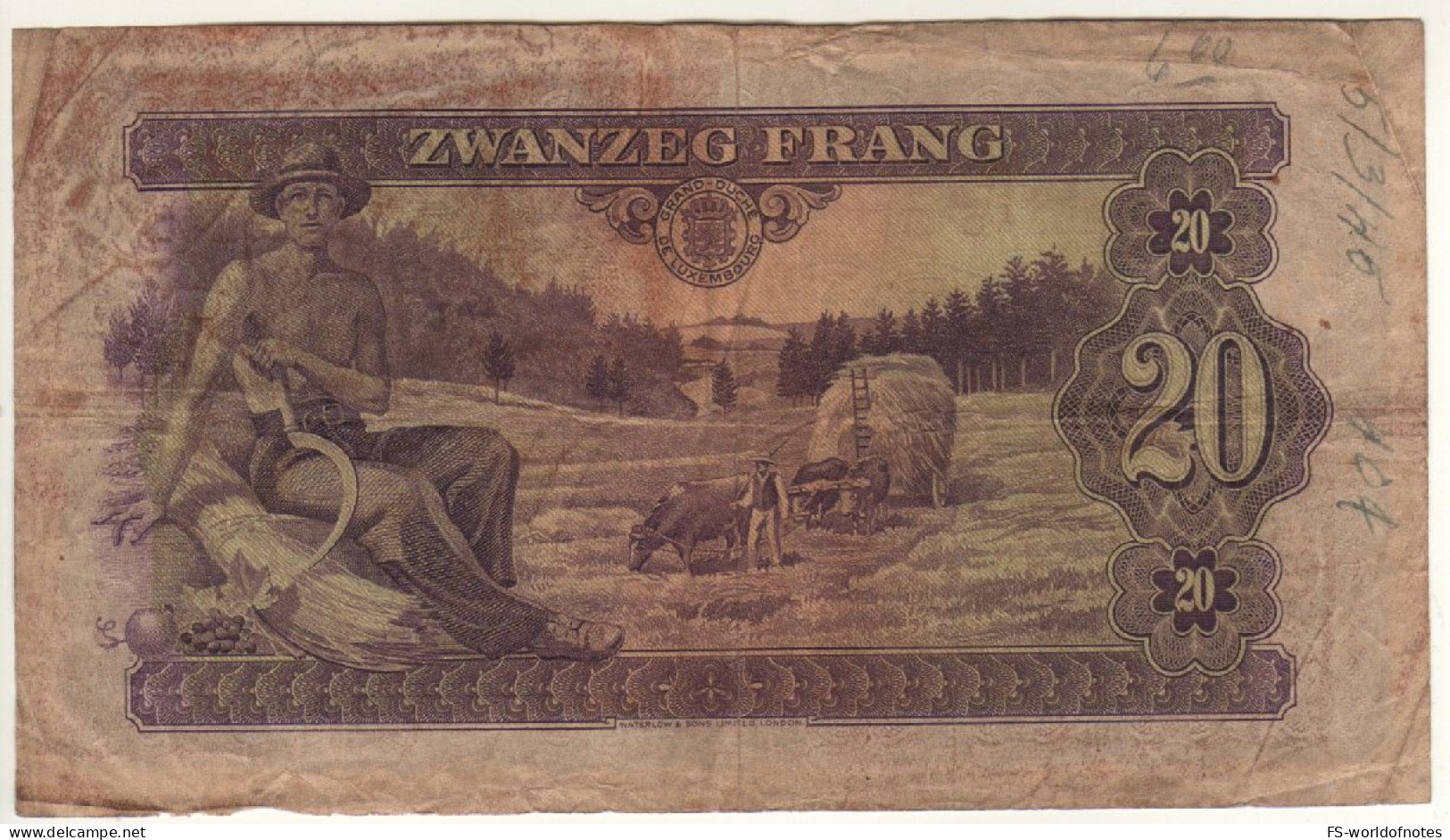 LUXEMBOURG 20 Francs   P42a   (1943    Grand Duchess Charlotte +   Fieldwork On Back ) - Luxembourg