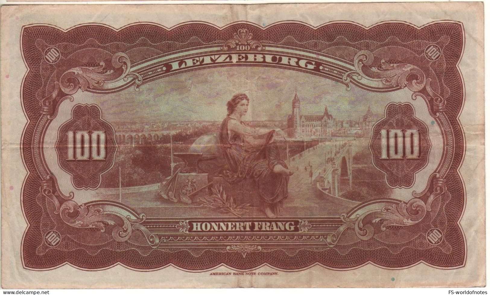 LUXEMBOURG 100 Francs   P47a  1944  (Grand Duchess Charlotte +  Allegorical Woman, Adolphe Bridge, Luxembourg  On Back) - Luxembourg