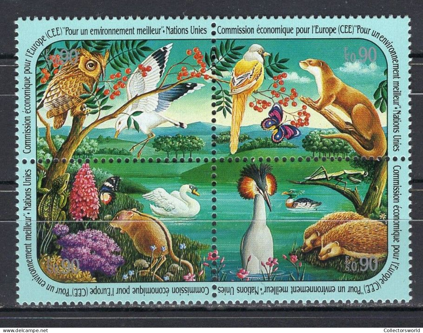 UN Block 4v 1991 Wildlife Birds Owl Swan Orchid Butterfly Hedgehog Marten Lizard Grashopper MNH - Emisiones Comunes New York/Ginebra/Vienna