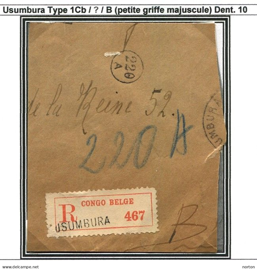 Ruanda-Urundi Usumbura Etiquette Recommandé Type 1Cb/?/B ( Petite Griffe Majuscule ) Dent. 10 Sur Fragment - Cartas & Documentos