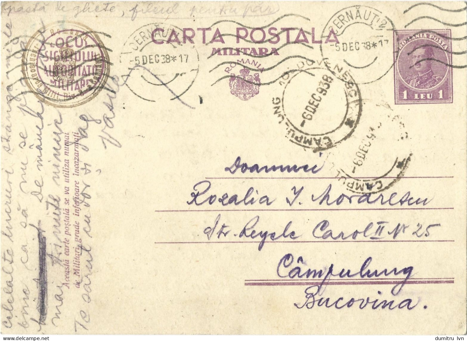 ROMANIA 1938 MILITARY POSTCARD, CENSORED, CERNAUTI STAMP, CAMPULUNG MOLDOVENESC STAMP, POSTCARD STATIONERY - Storia Postale Seconda Guerra Mondiale