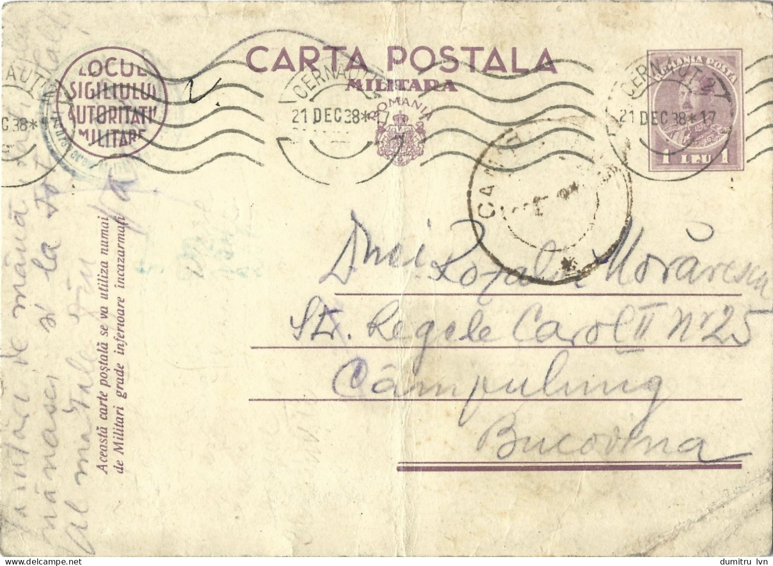 ROMANIA 1938 MILITARY POSTCARD, CENSORED, CERNAUTI STAMP, POSTCARD STATIONERY - Lettres 2ème Guerre Mondiale