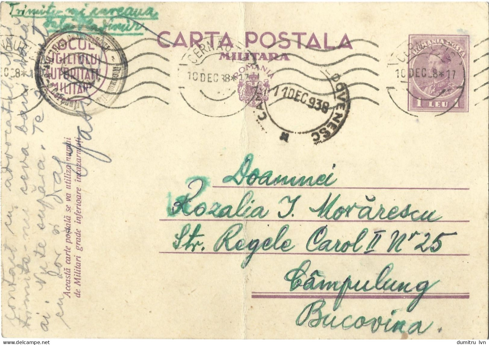 ROMANIA 1938 MILITARY POSTCARD, CENSORED, CERNAUTI STAMP, POSTCARD STATIONERY - 2de Wereldoorlog (Brieven)