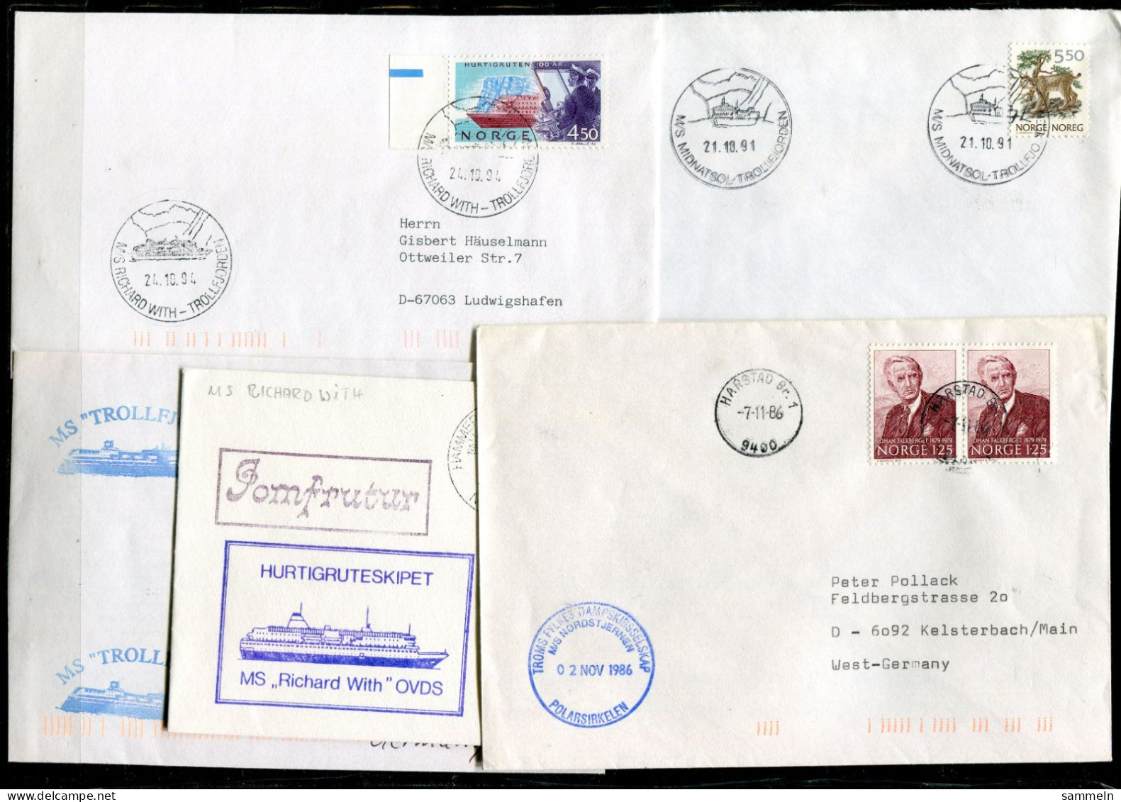 NORWEGEN - 5 Briefe Schiffspost, Paquebot, Navire, Ship Letter, Hurtigruten, Nordkapp, Polarkreis - NORWAY / NORVÈGE - Covers & Documents