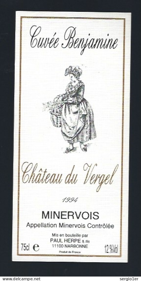 Etiquette Vin Chateau Du Vergel  Cuvée Benjamine  Minervois 1994  Paul Herpe Narbonne " Femme" - Languedoc-Roussillon