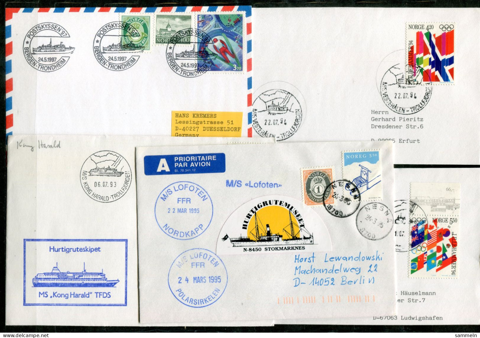 NORWEGEN - 5 Briefe Schiffspost, Paquebot, Navire, Ship Letter, Hurtigruten, Nordkapp, Polarkreis - NORWAY / NORVÈGE - Covers & Documents