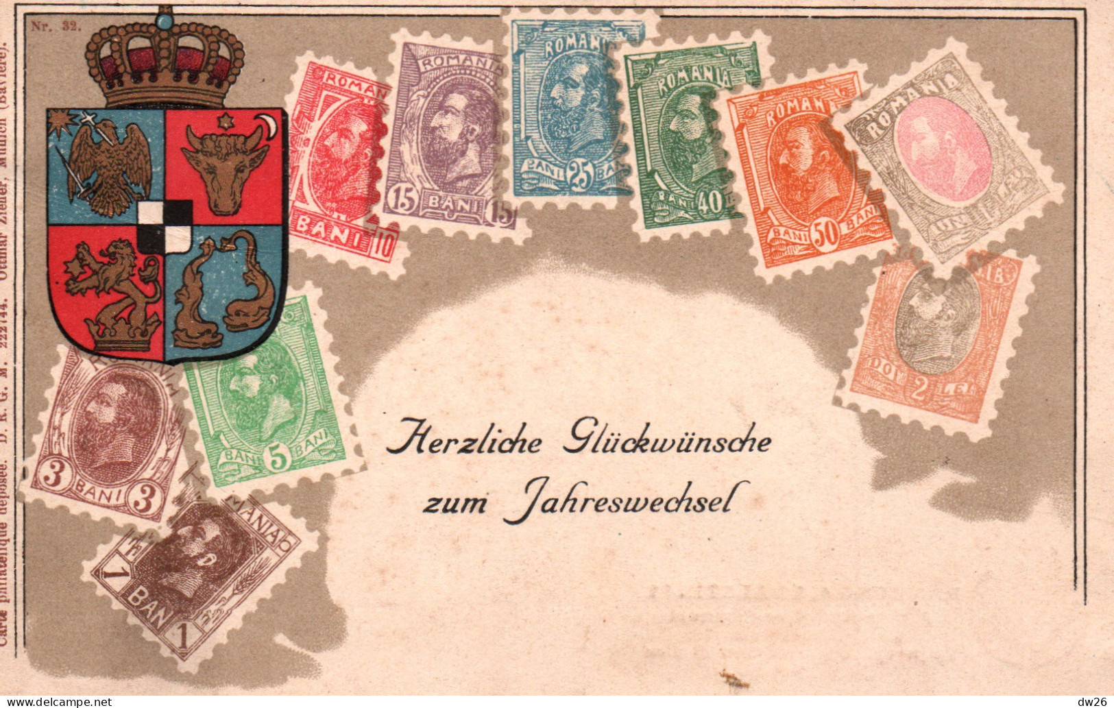 Représentation De Timbres: Stamps Romania (Roumanie) Carte Ottmar Zieher N° 32 - Publicité Kaffee Beck, Hamburg - Stamps (pictures)