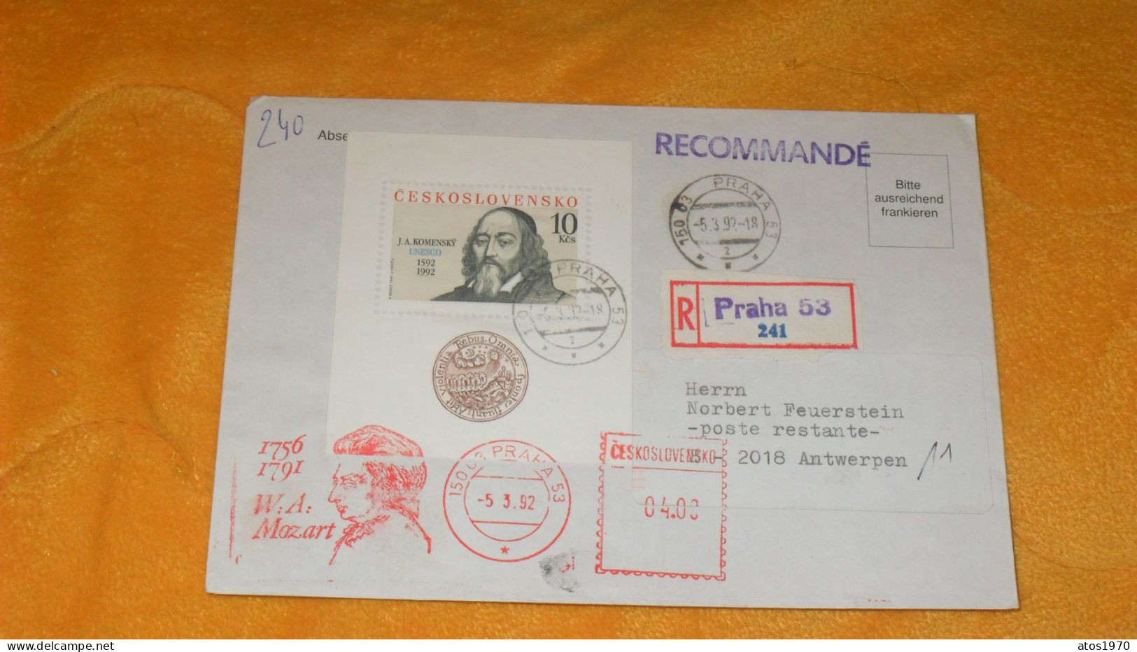 ENVELOPPE DE 1992../ RECOMMANDE R 241 PRAHA 53 TCHECOSLOVAQUIE POUR ANTWERPEN...CACHETS FLAMME + TIMBRE - Brieven En Documenten