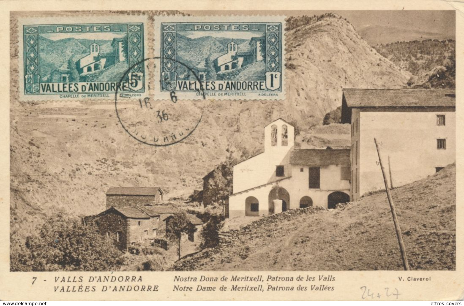 1936 ANDORRE Carte Maximum N° 24 + 27 Chapelle De Meritxell Obl 16/6/36 - Andorra Maxi Card PC - Cartes-Maximum (CM)