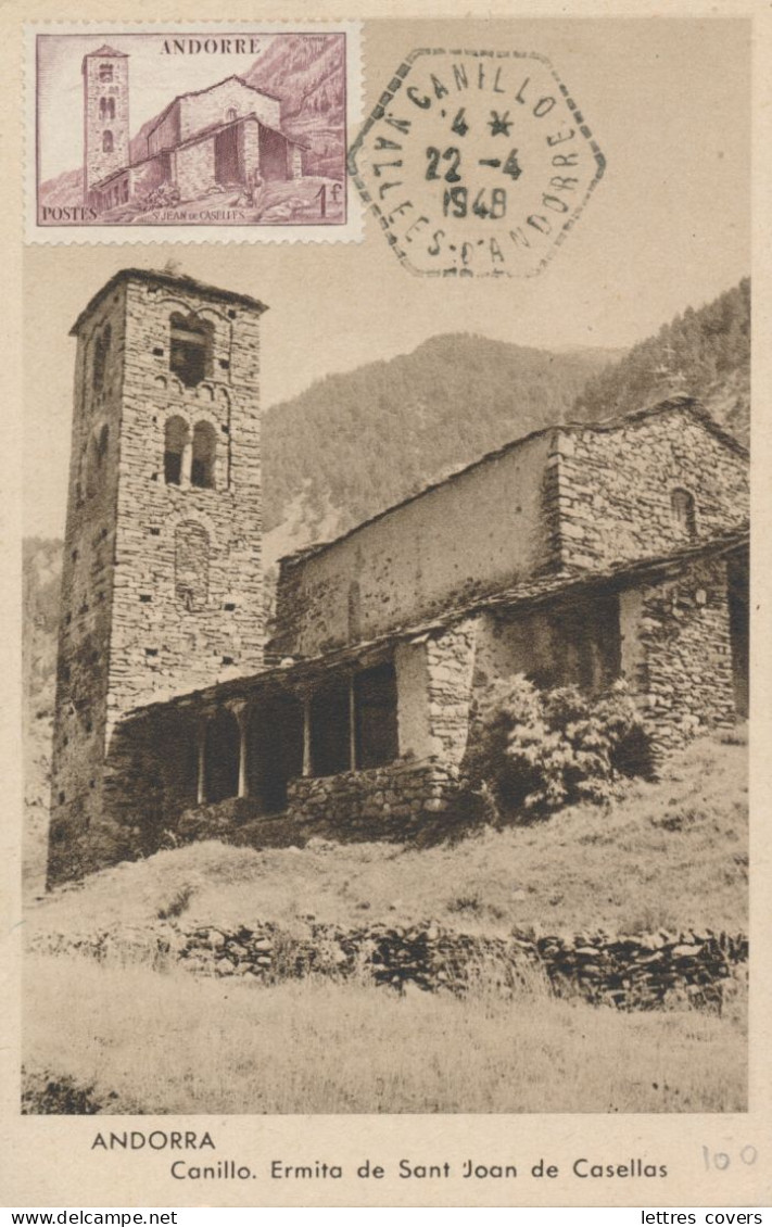 ANDORRE Carte Maximum N° 100 1f St Jean De Caselles Obl " CANILLO VALLEES D'ANDORRE " - Andorra Maxi Card PC - Maximum Cards