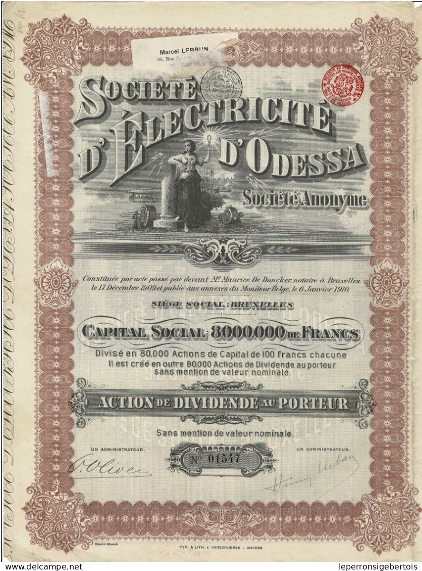 -Titre De 1910 - Société D 'Electricité D' Odessa - N° 01548 - Rusia