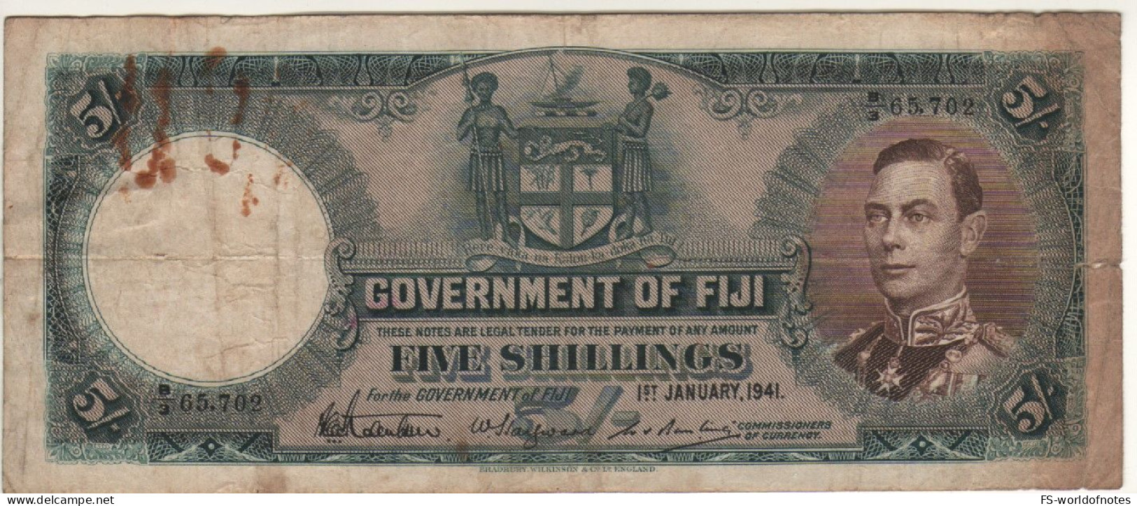 FIJI   5  Shillings   P37d   (dated 1st January 1941 )   King George VI On Front - - Fiji