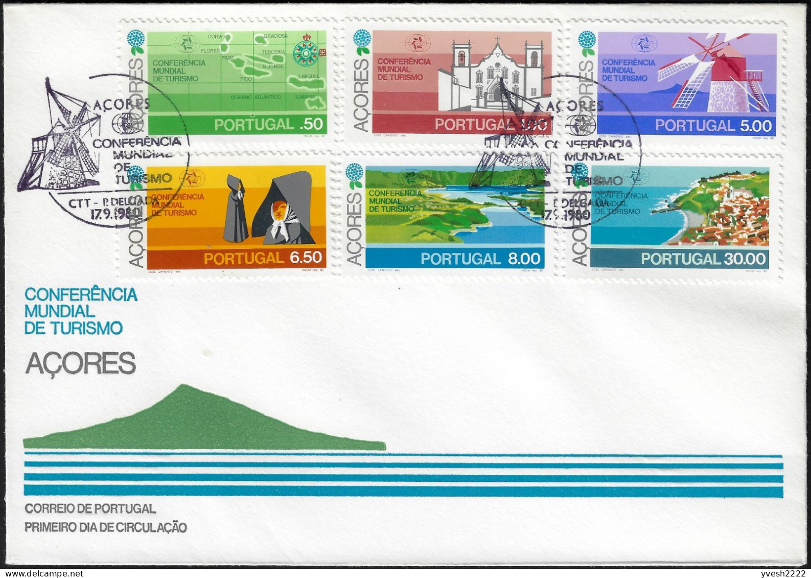 Portugal (Açores) 1980 Y&T 325 à 330. FDC. Moulin à Vent, Conférence Mondiale De Tourisme, Religieuses - Molens