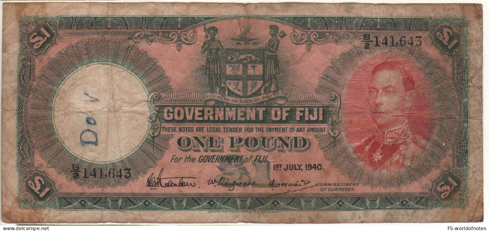 FIJI   1  Pound  P39c   (dated 1st January 1940 )   King George VI On Front - - Figi